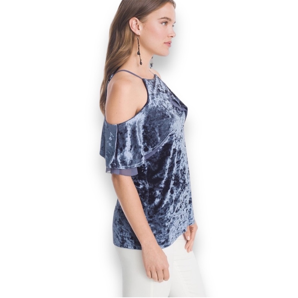 NEW White House Black Market Short Sleeve Cold Shoulder Velvet Flounce Top XS - Picture 3 of 7